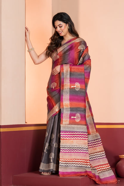 Half n half printed tussar saree