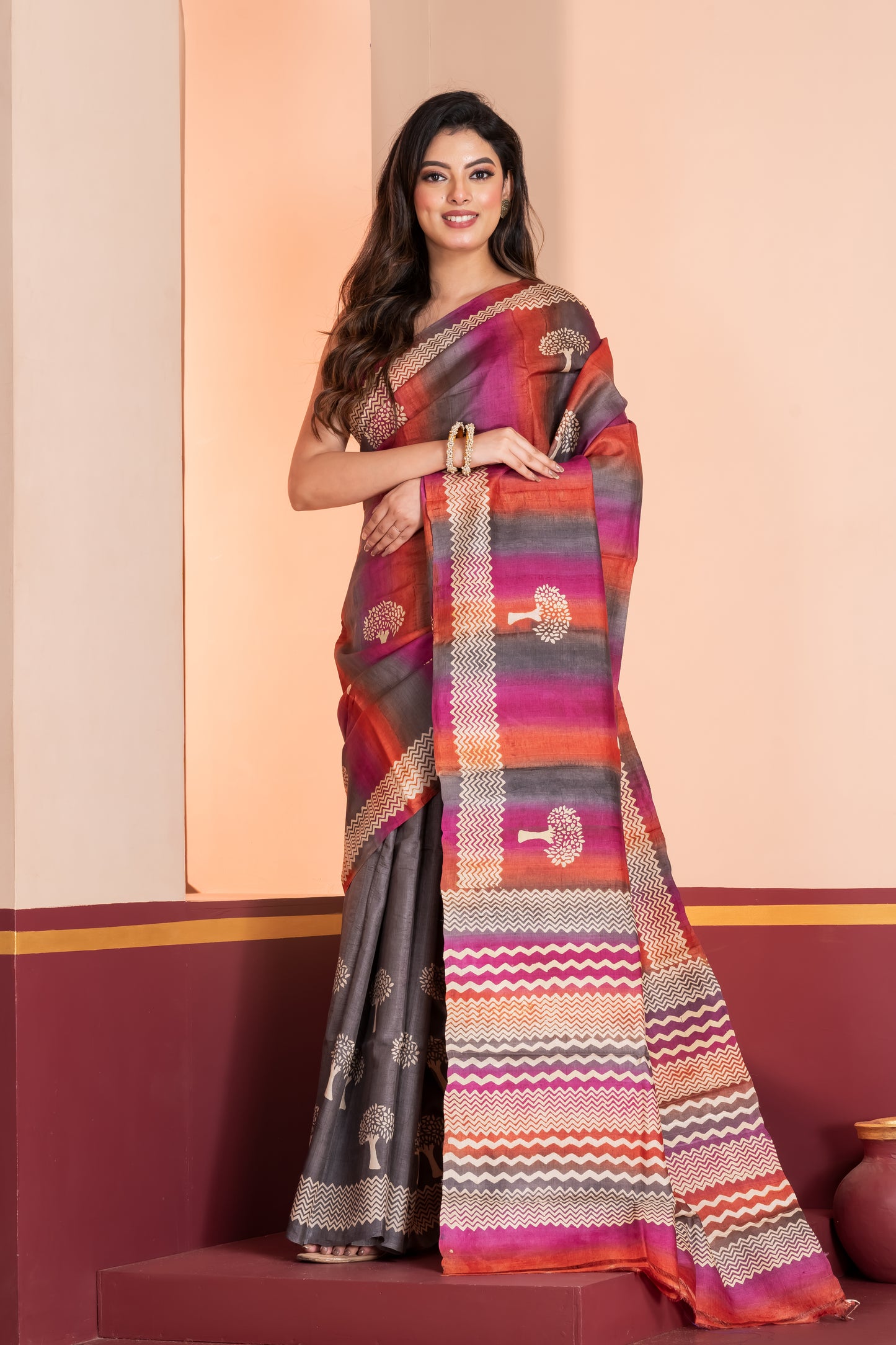 Half n half printed tussar saree