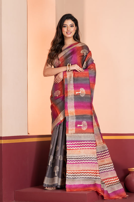 Half n half printed tussar saree