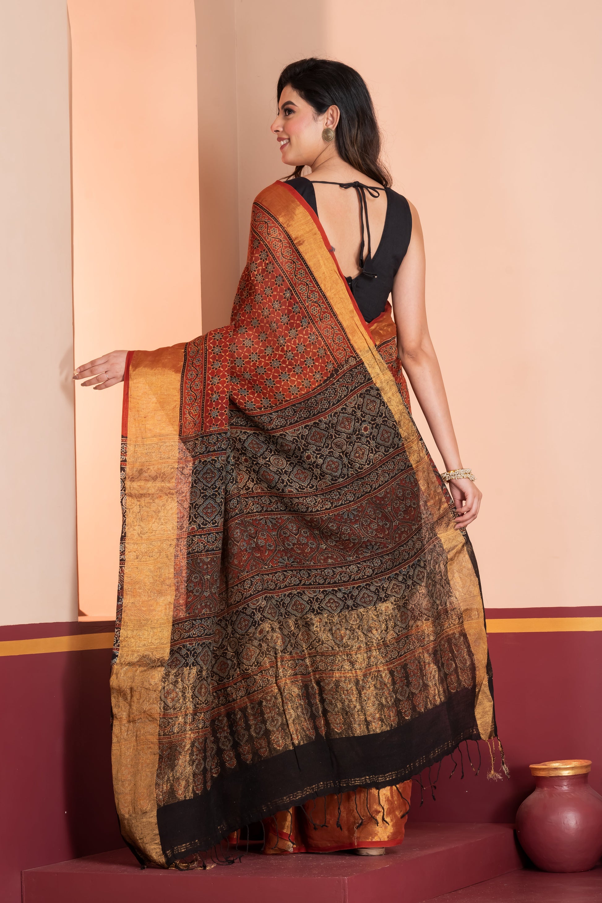 Ajrakh printed Linen saree
