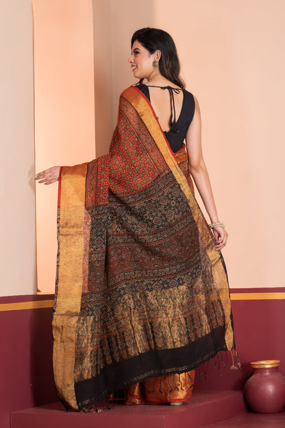 Ajrakh printed Linen saree