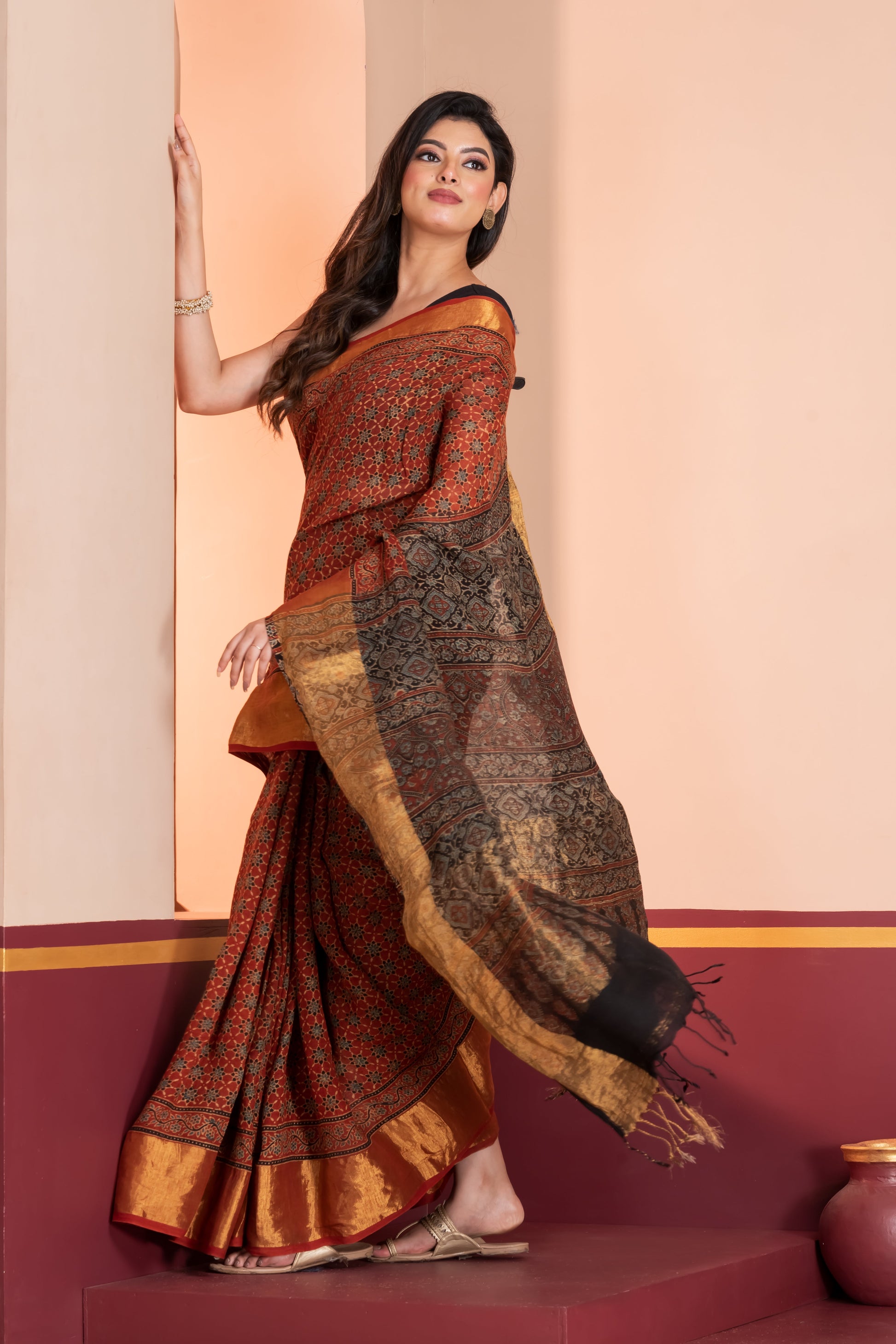 Ajrakh printed Linen saree