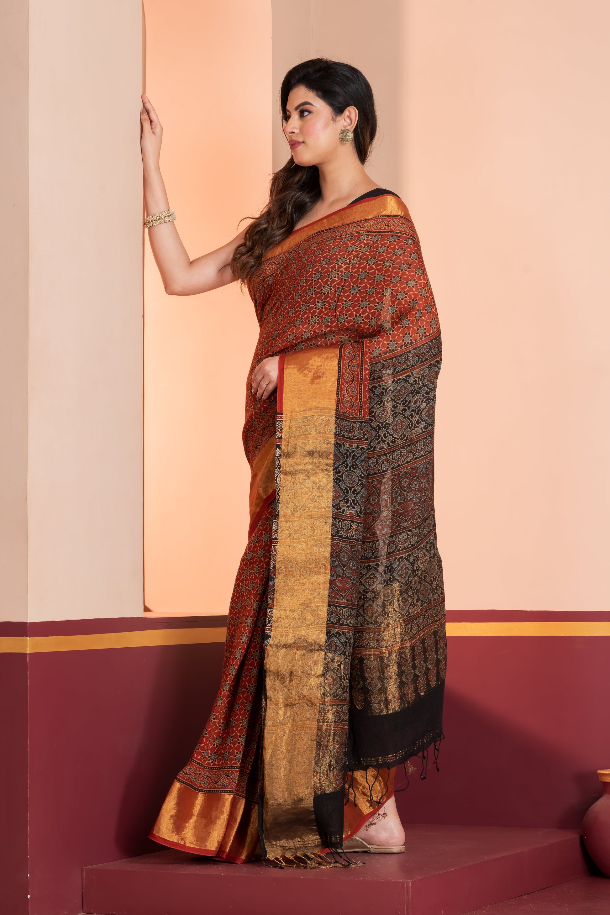 Ajrakh printed Linen saree