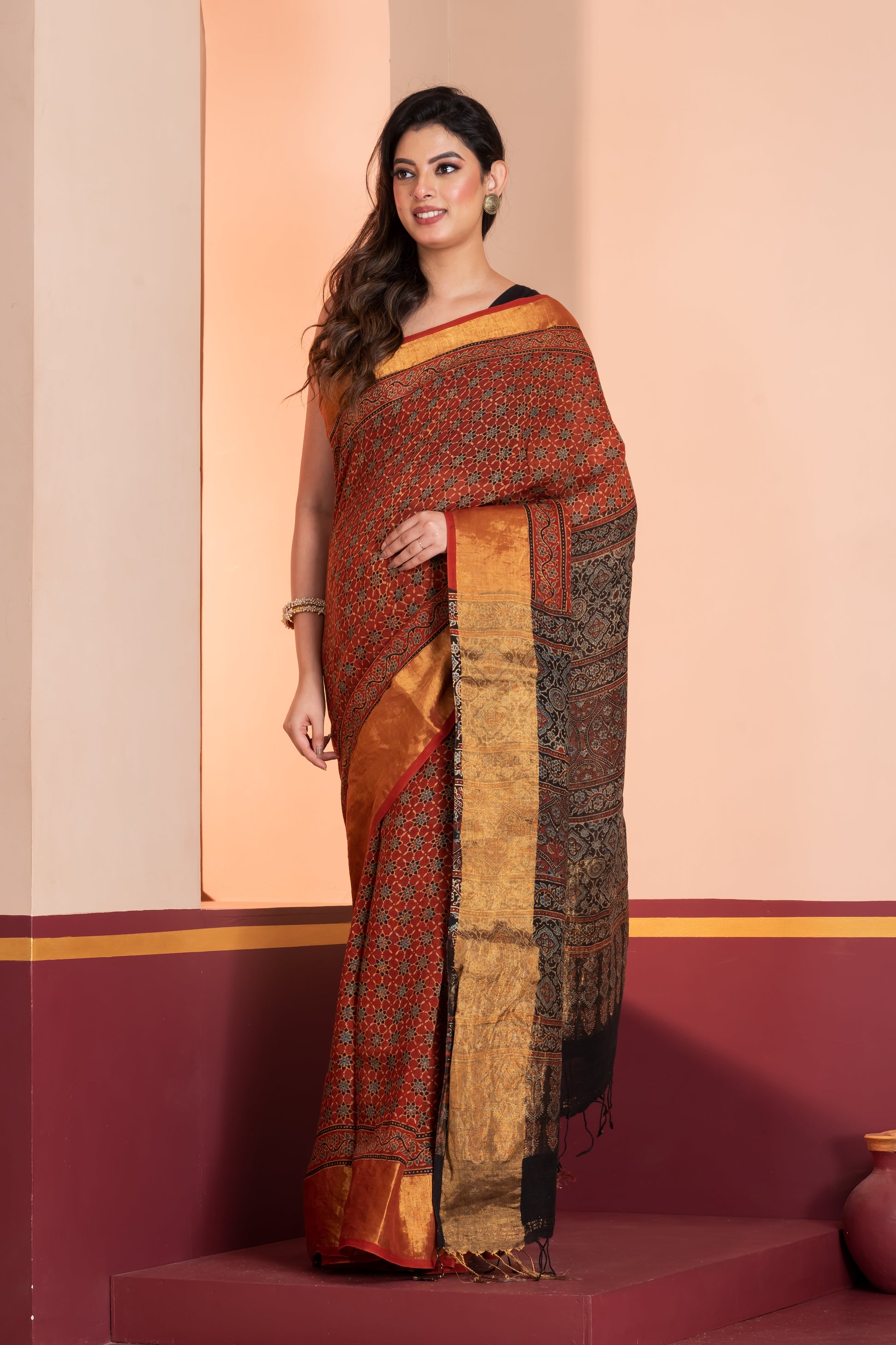 Ajrakh printed Linen saree