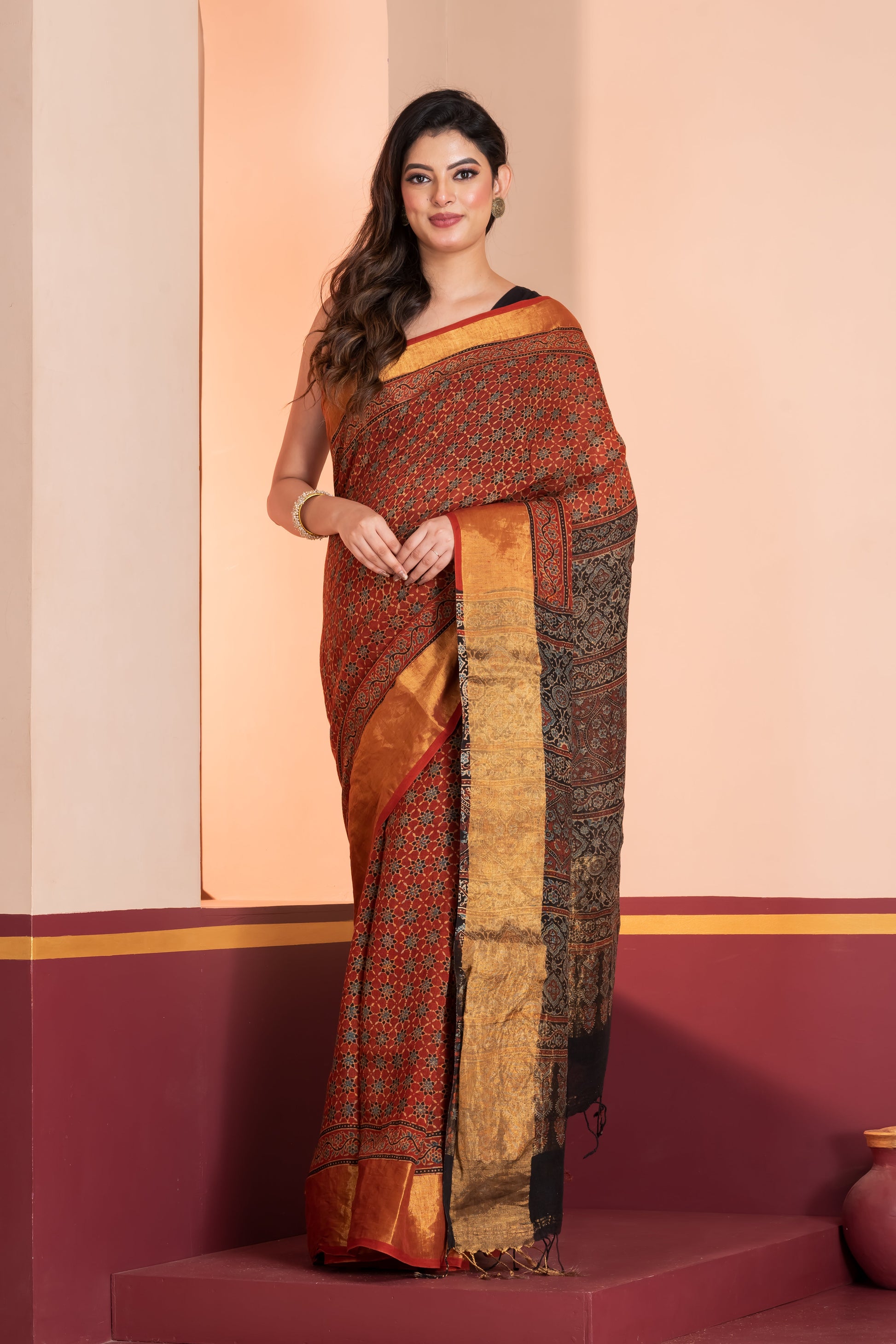 Ajrakh printed Linen saree