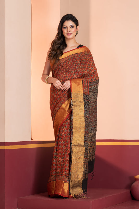 Ajrakh printed Linen saree