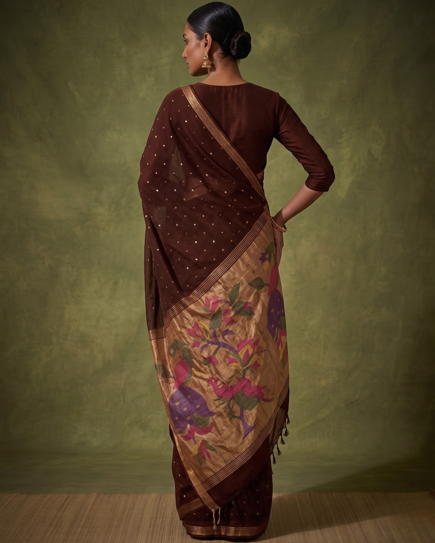 Handspun resham paithani silk saree in brown
