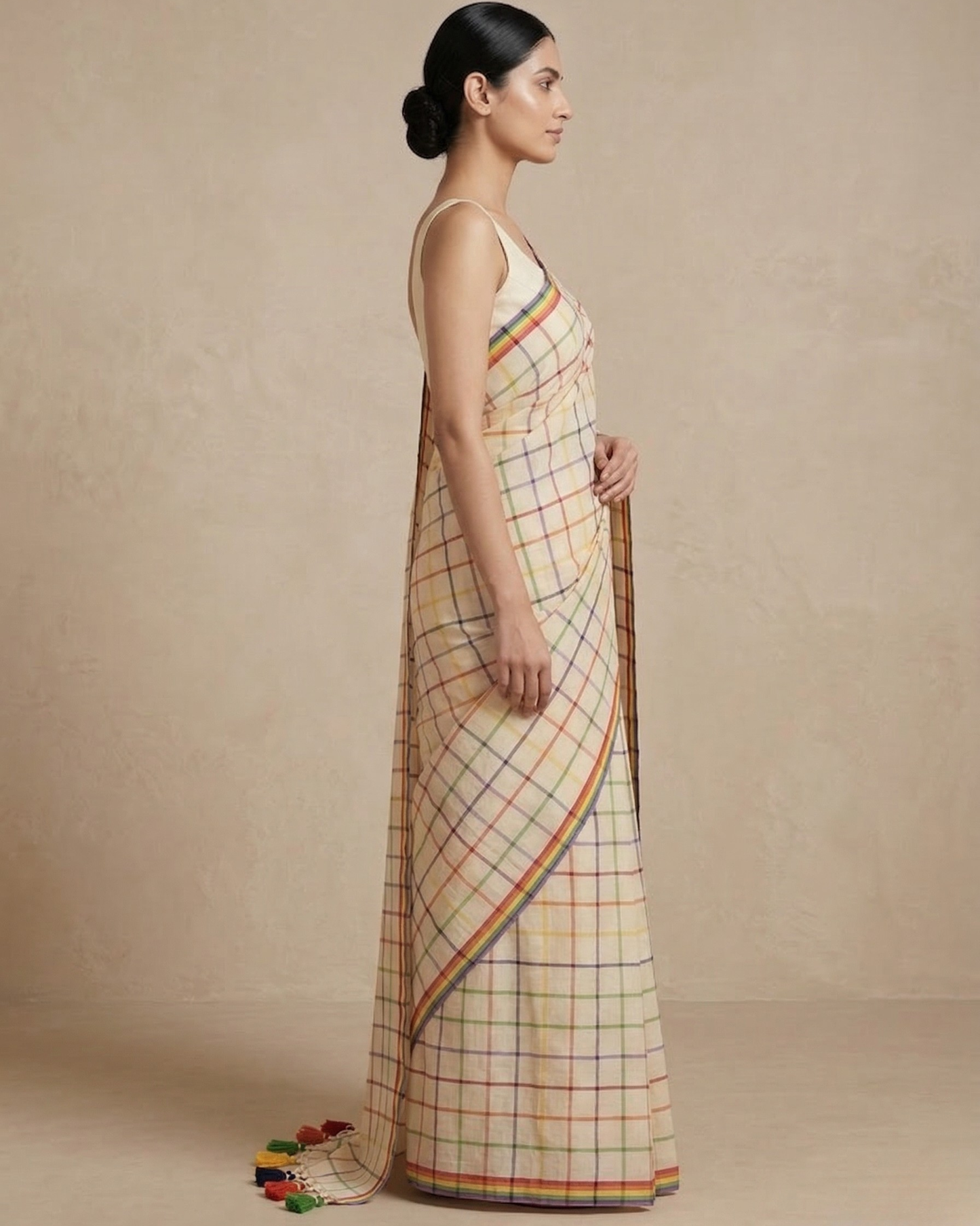 Multi colour check offwhite mulmul cotton saree