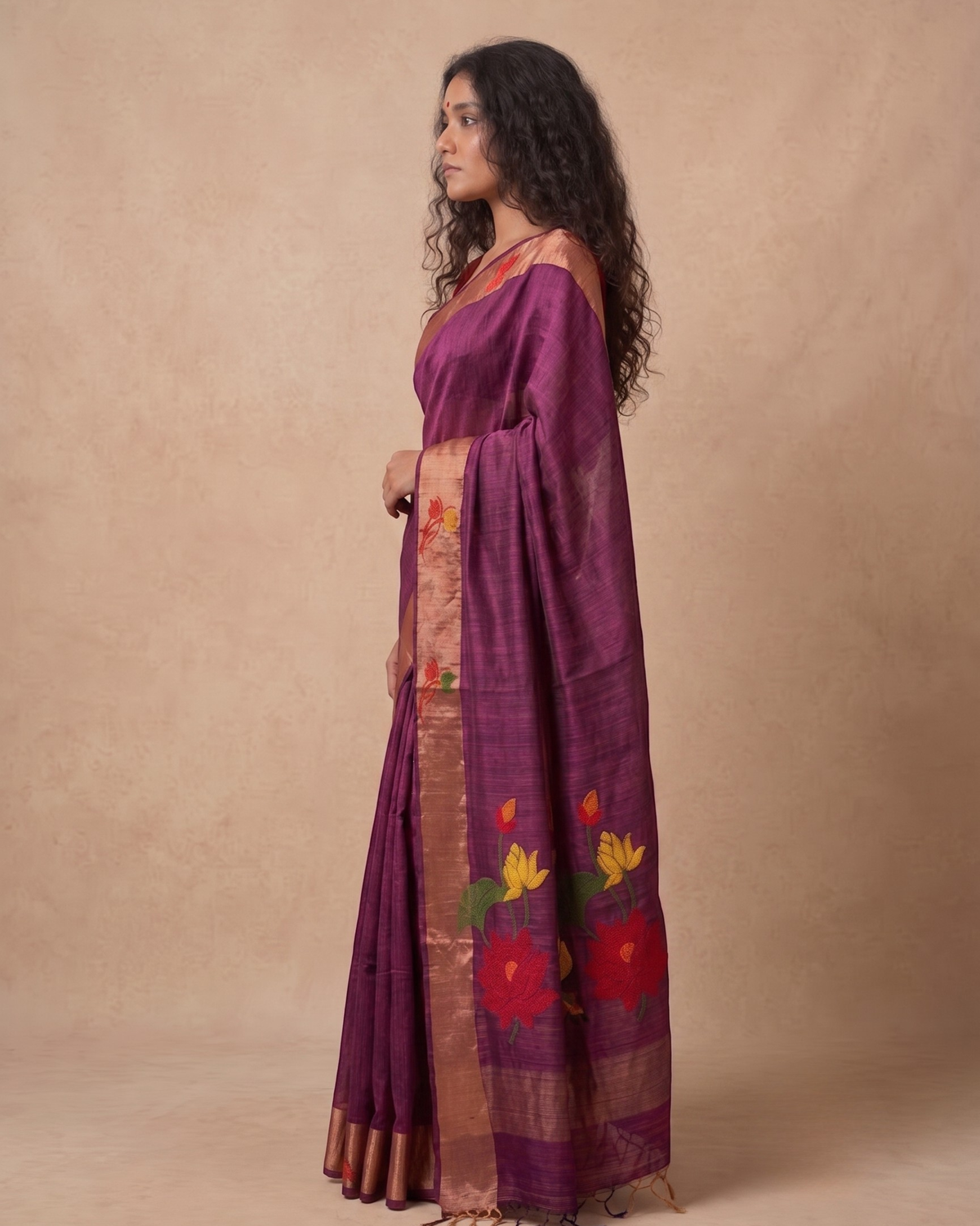 Dark Maroon Tussar Jamdani Saree