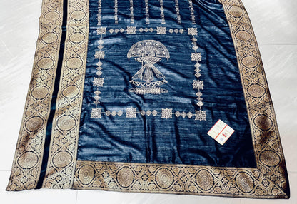 Pure Black Ghicha Silk Saree