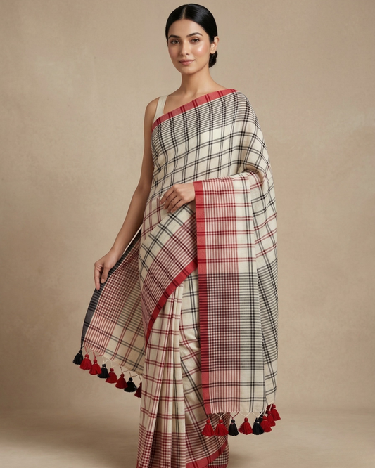 Black & red checkered mul cotton saree