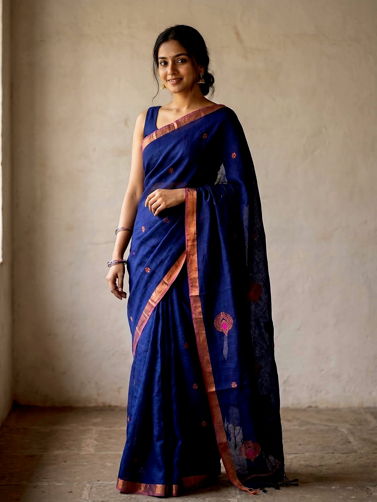 Royal Blue Pure Linen Jamdani Saree with Woven Motifs