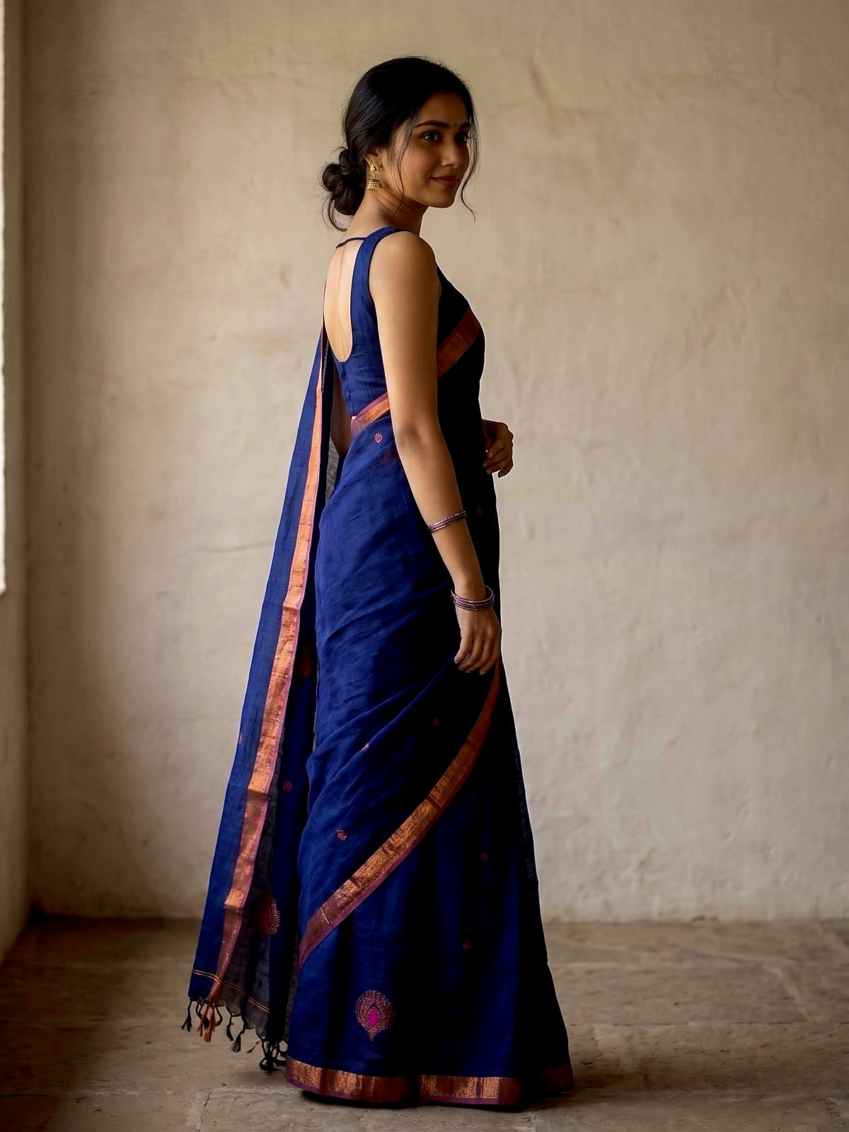Royal Blue Pure Linen Jamdani Saree with Woven Motifs