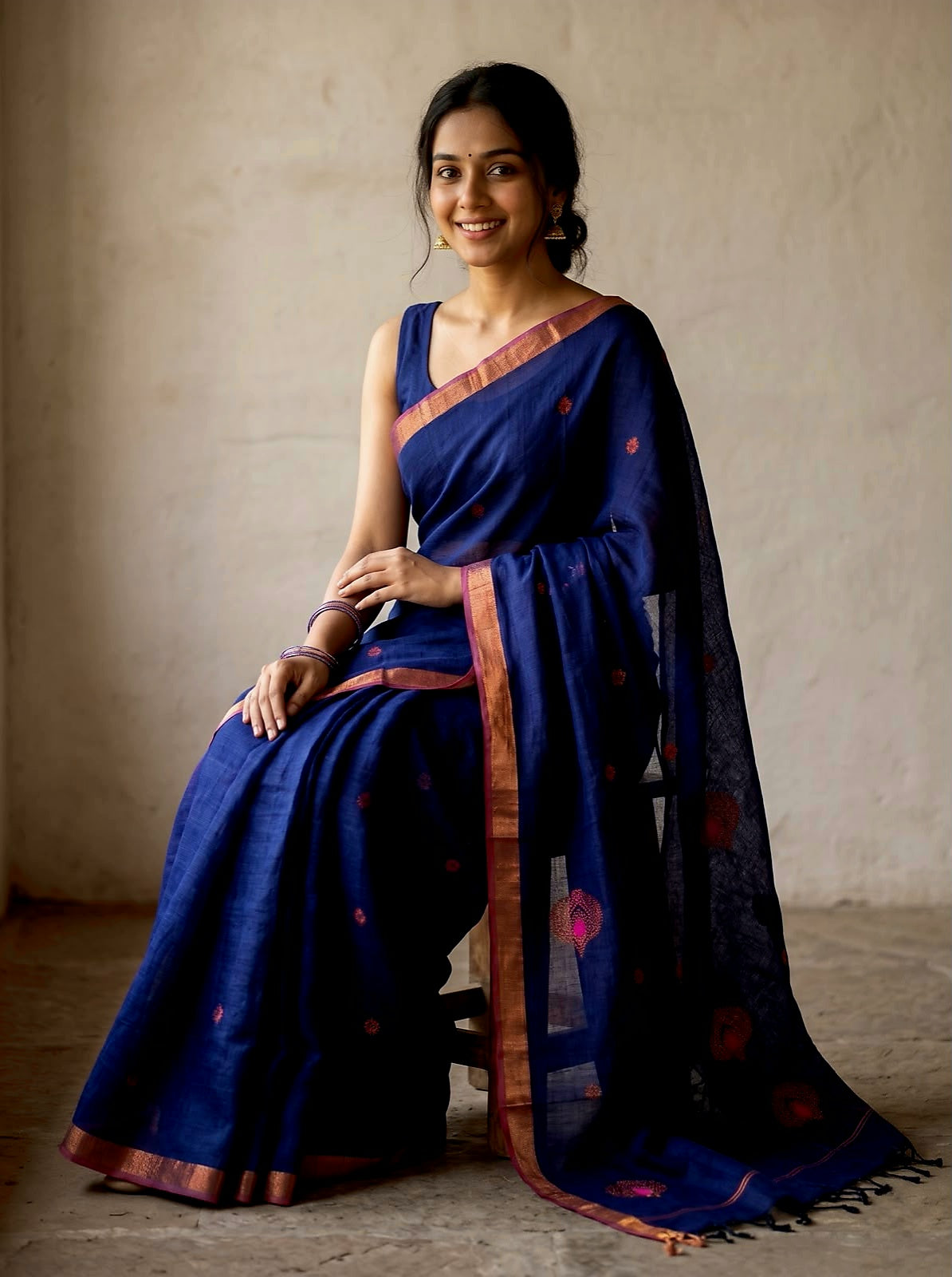 Royal Blue Pure Linen Jamdani Saree with Woven Motifs
