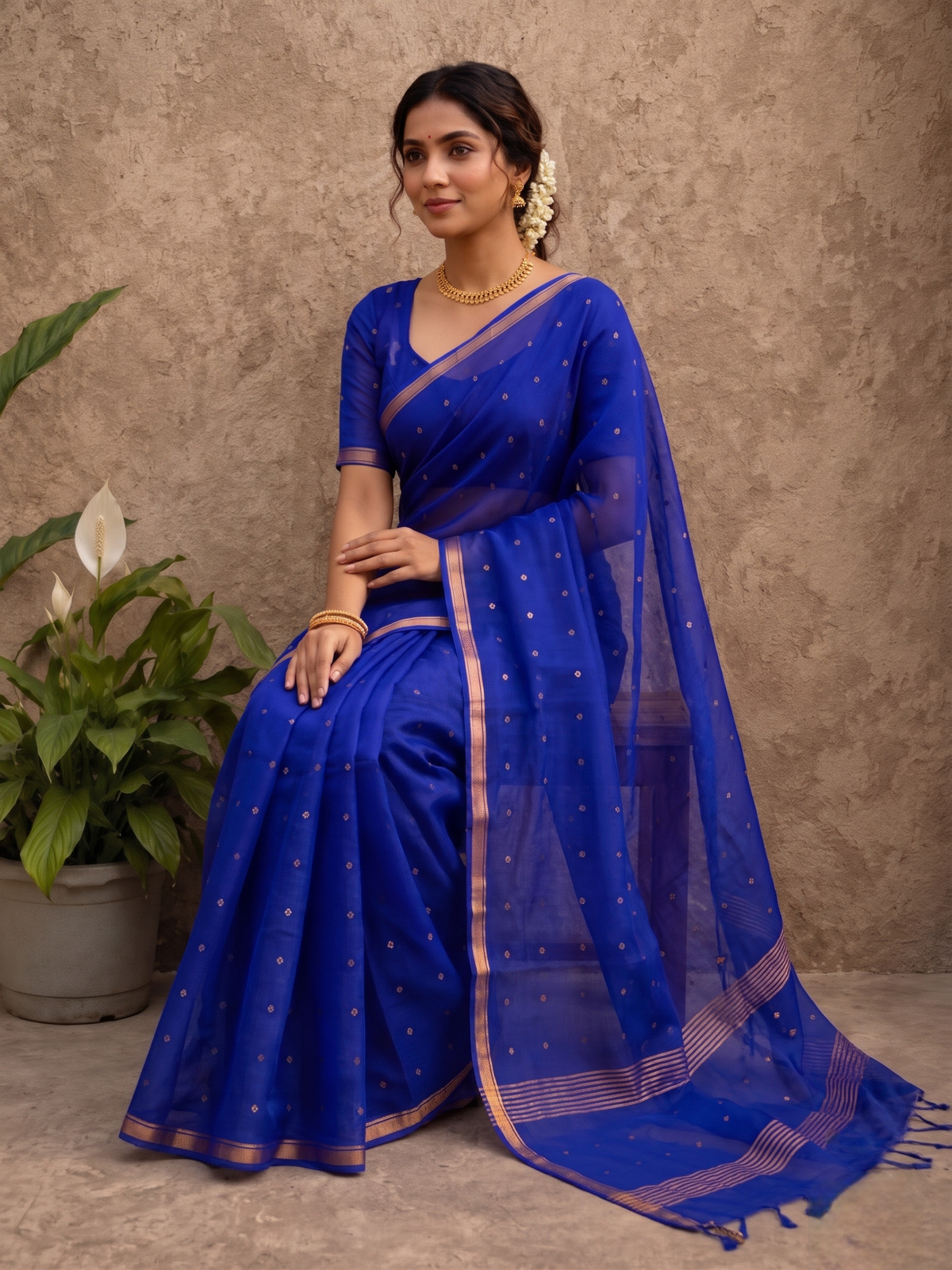 Royal Blue all over sequins Resham silk saree
