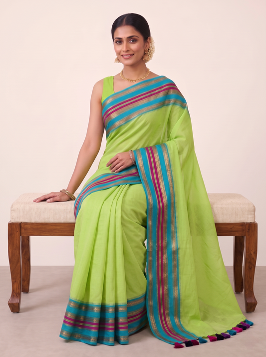 Soft Green Mulmul Cotton Saree featuring Contrast Kanchi Border