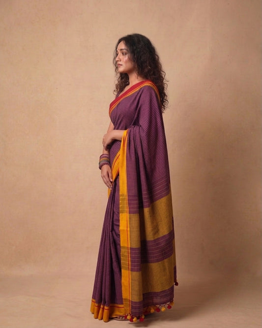 Dark Maroon check Ganga jamuna border cotton saree
