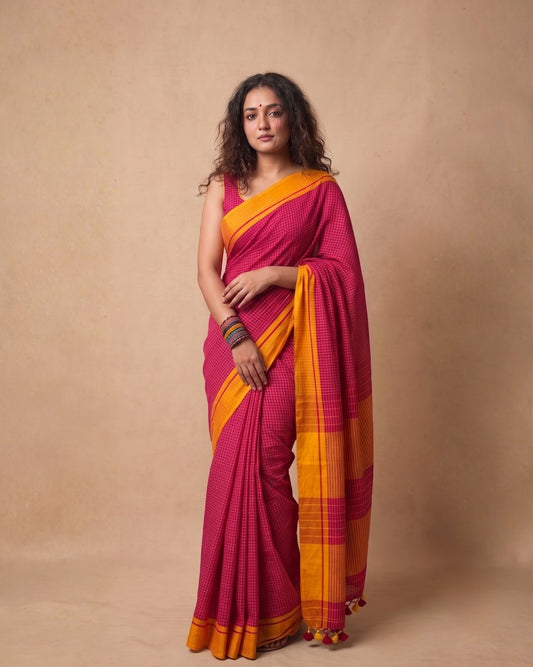 Deep Pink check mustard border cotton saree