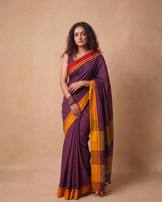 Dark Maroon check Ganga jamuna border cotton saree