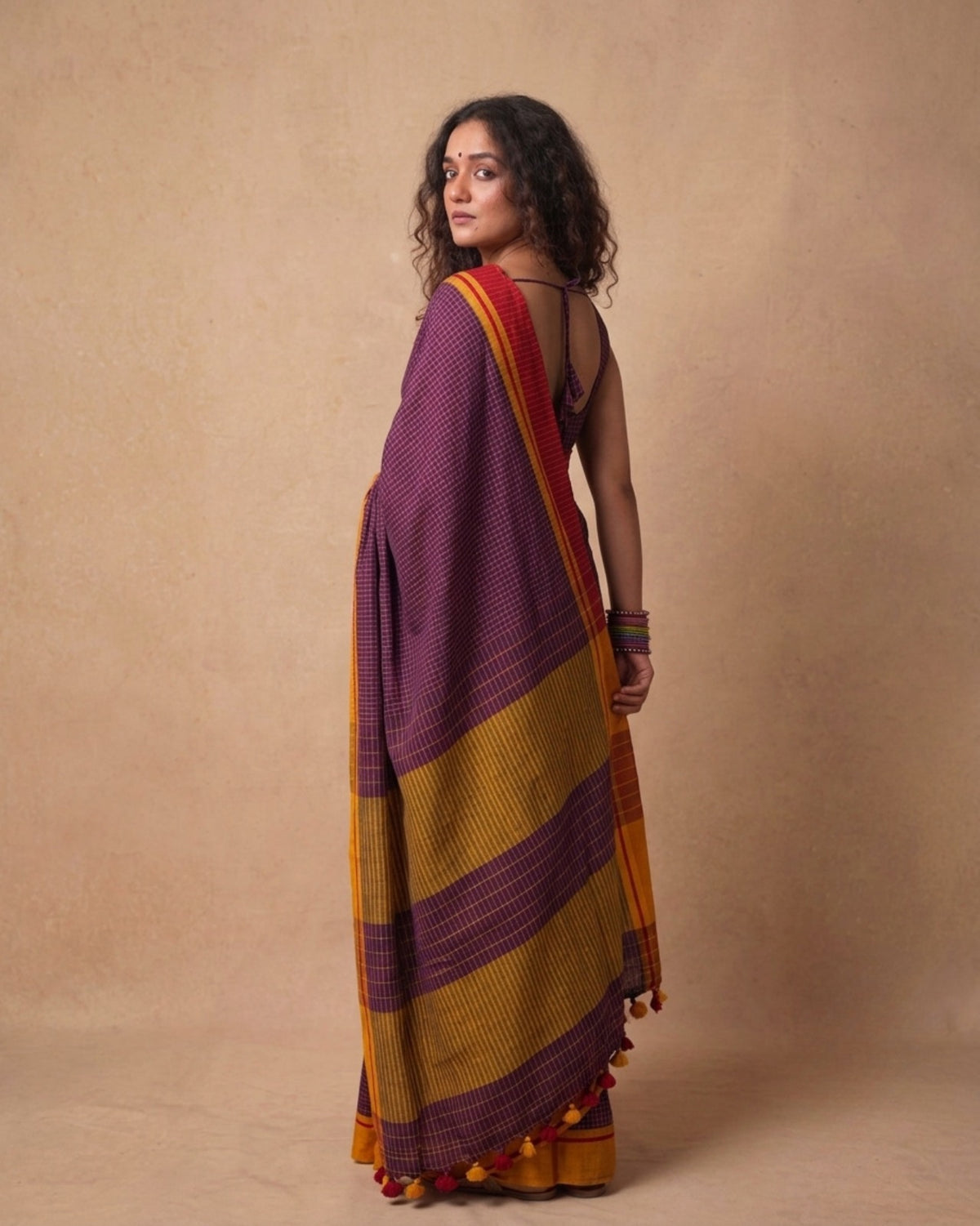 Dark Maroon check Ganga jamuna border cotton saree