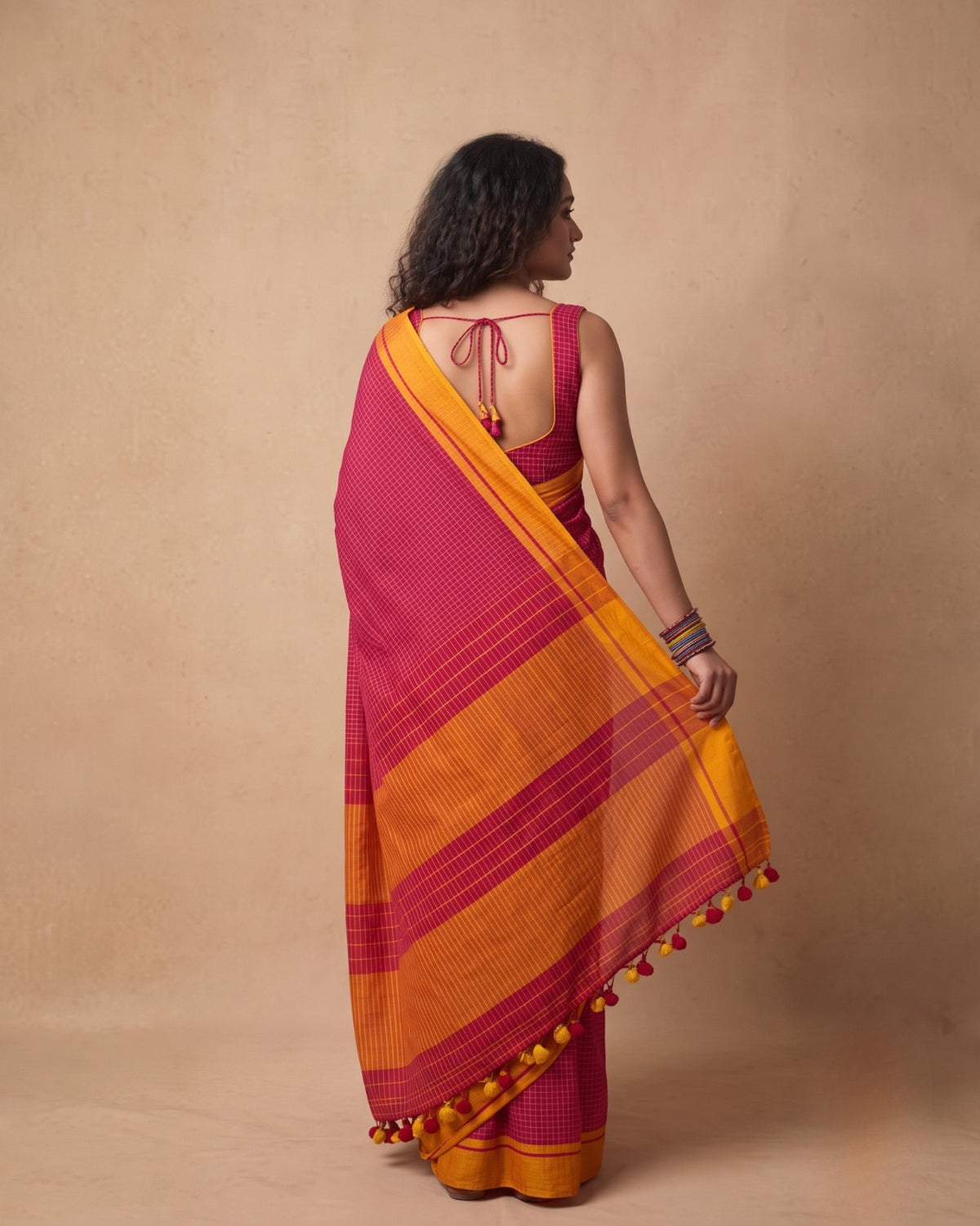 Deep Pink check mustard border cotton saree