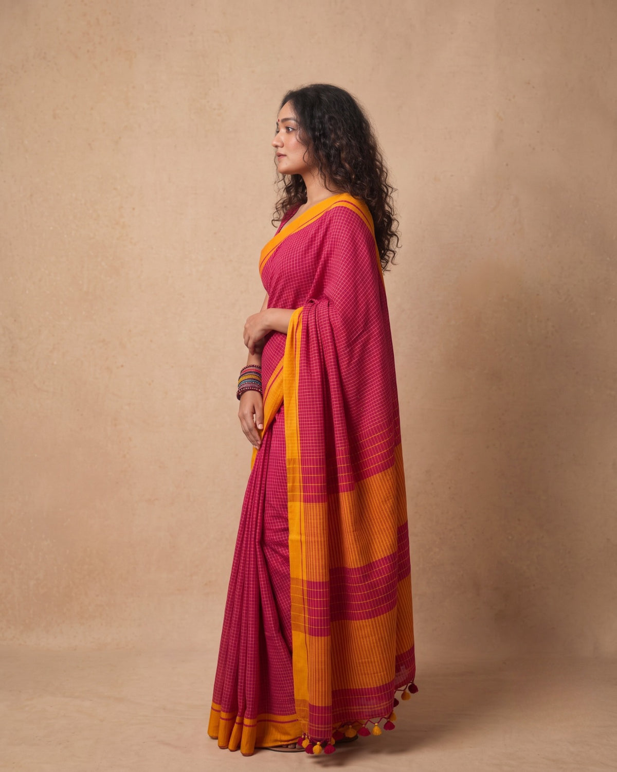 Deep Pink check mustard border cotton saree
