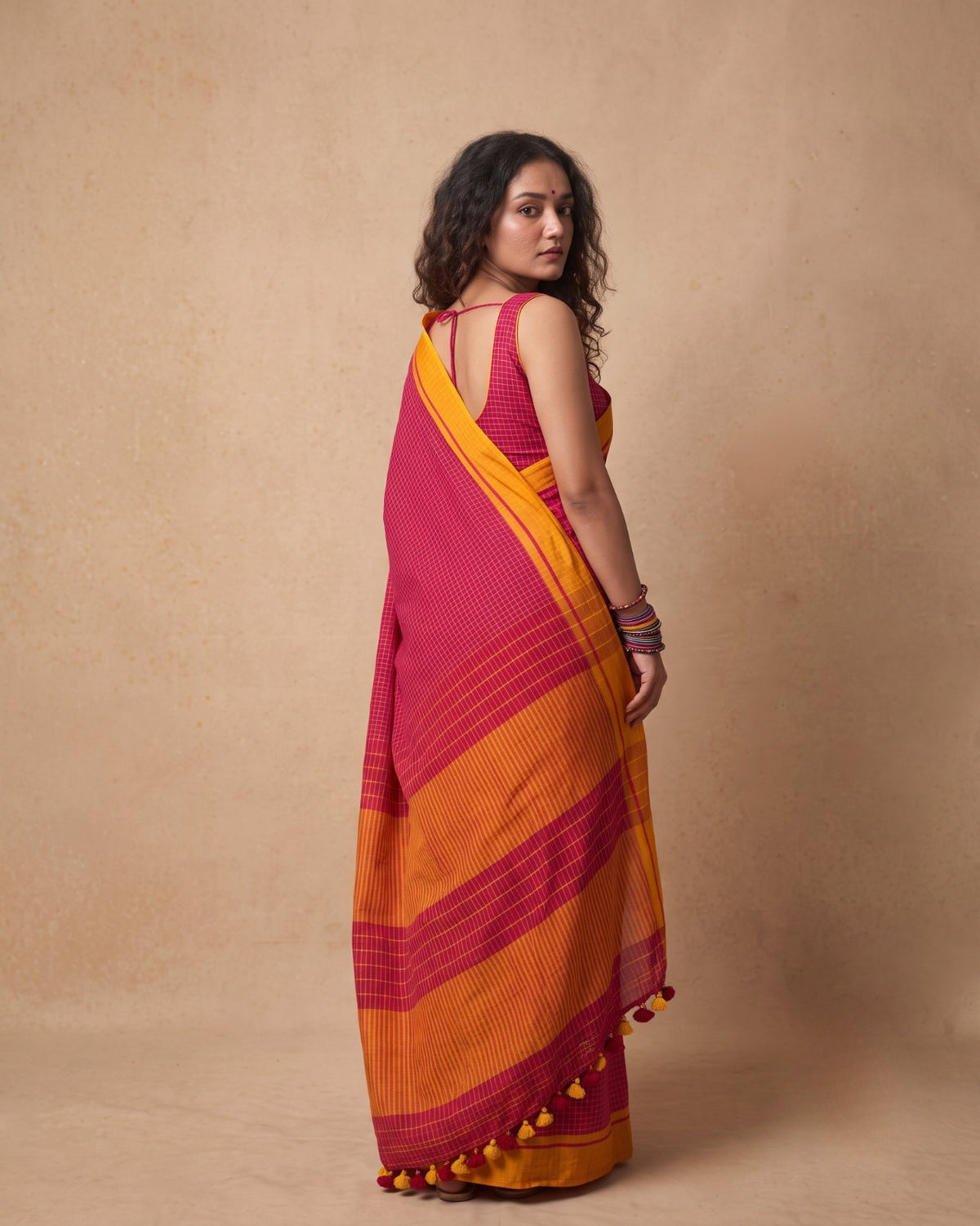 Deep Pink check mustard border cotton saree