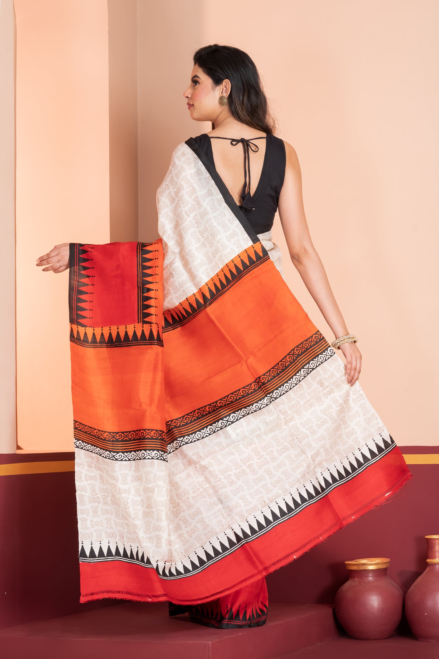 Red and orange skirt border printed pure silk saree