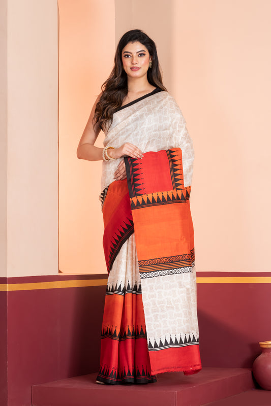 Red and orange skirt border printed pure silk saree
