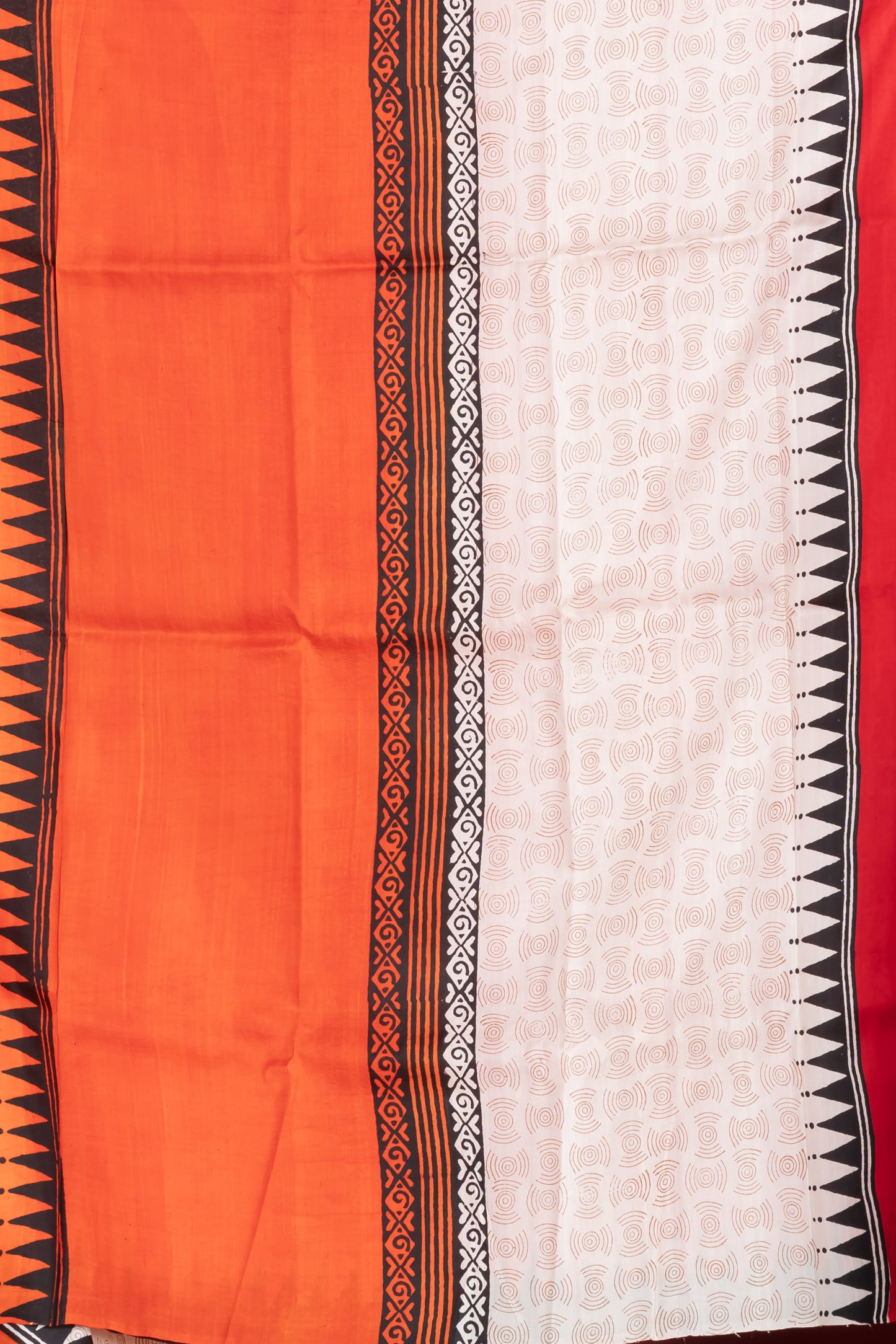 Red and orange skirt border printed pure silk saree