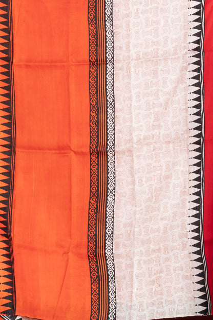 Red and orange skirt border printed pure silk saree