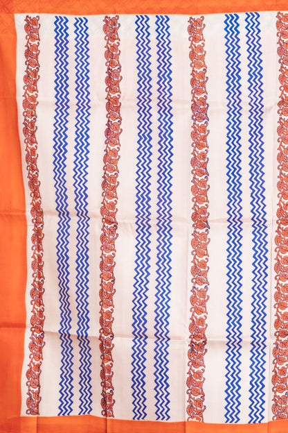 Pure printed silk with an orange border, paired with a plain orange blouse piece.
