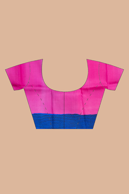 Blue and pink striped border silk saree leaf prints allover.