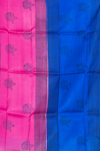 Blue and pink striped border silk saree leaf prints allover.
