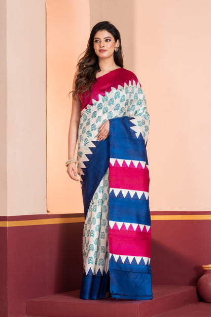 Deep pink and blue temple border, with owl motif prints.