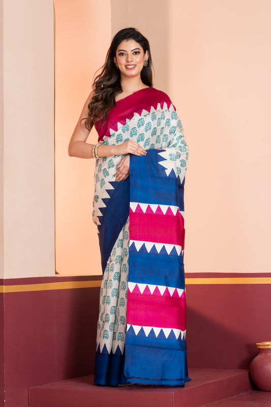 Deep pink and blue temple border, with owl motif prints.