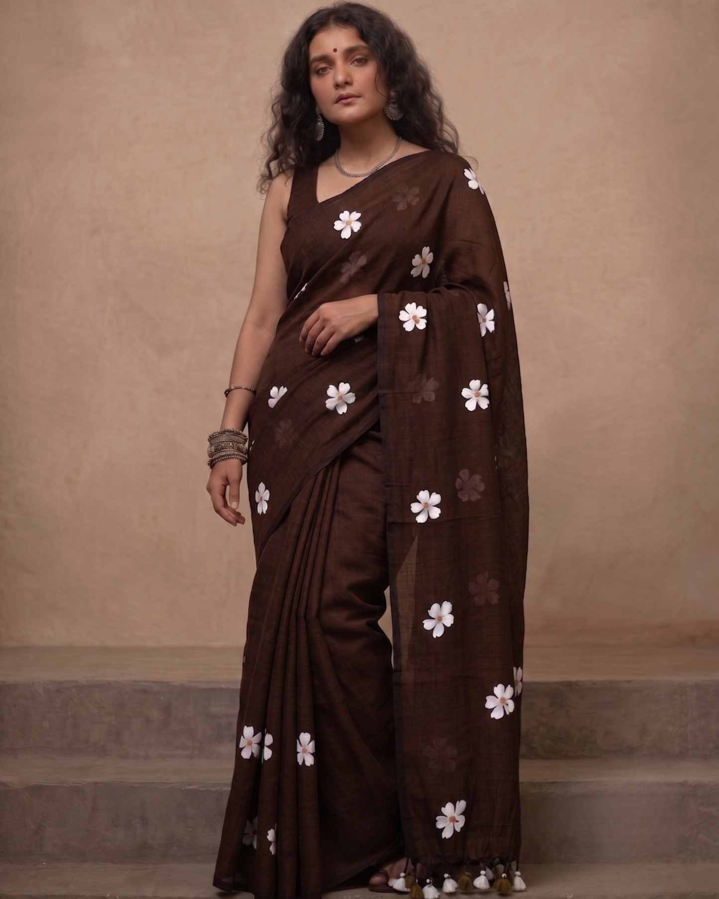 Chocolate Brown Shiuli Mul Cotton Saree