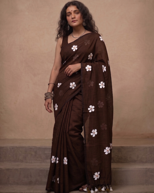 Chocolate Brown Shiuli Mul Cotton Saree