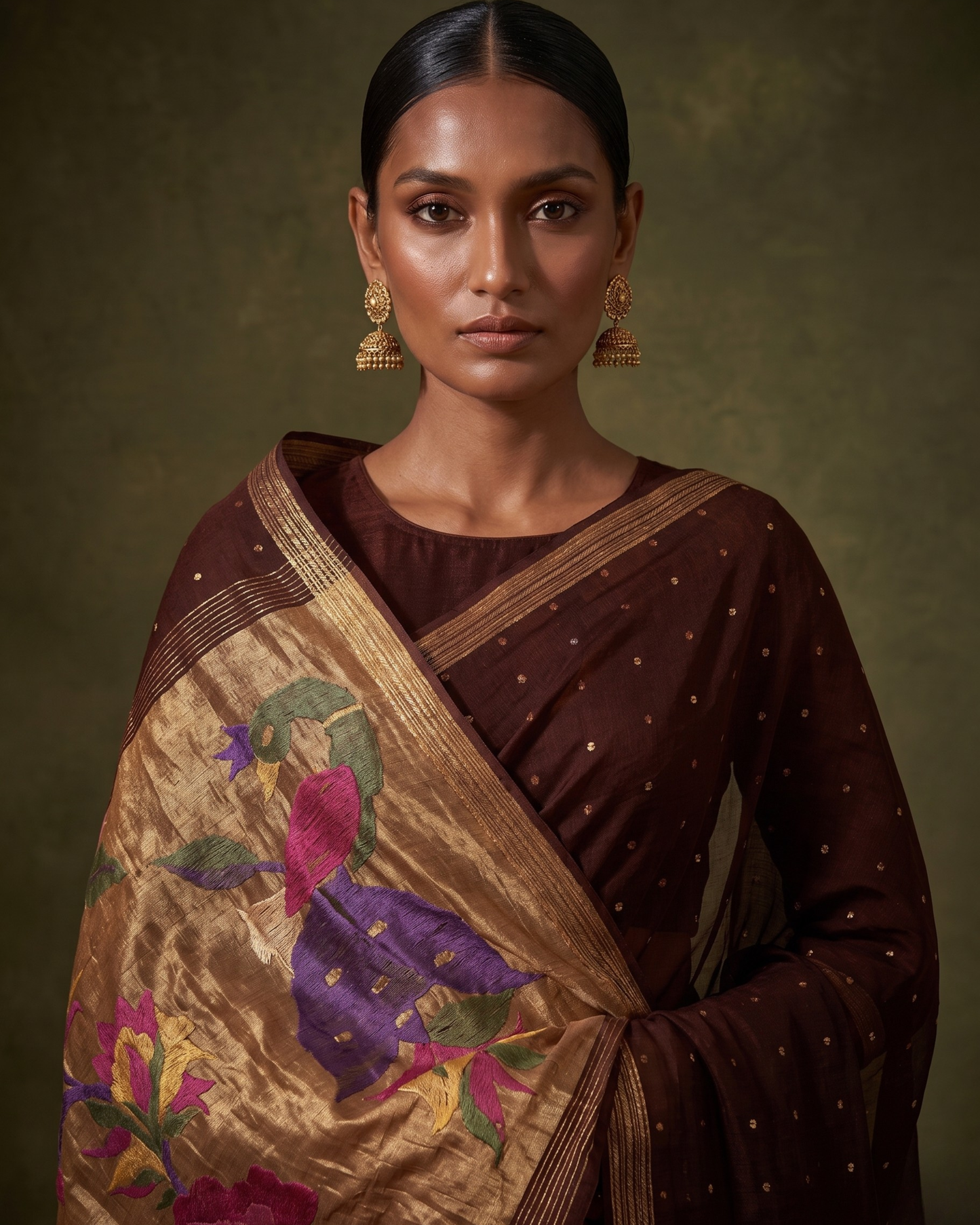 Handspun resham paithani silk saree in brown