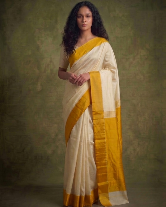 Yellow and White Gorod Silk Saree
