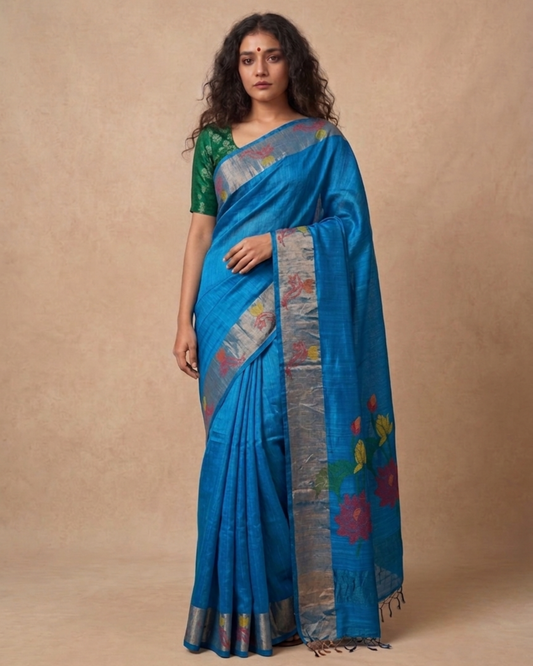 Turqoise Blue Tussar Jamdani Saree
