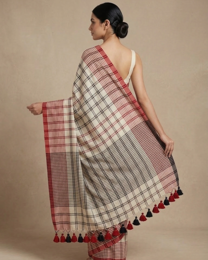 Black & red checkered mul cotton saree