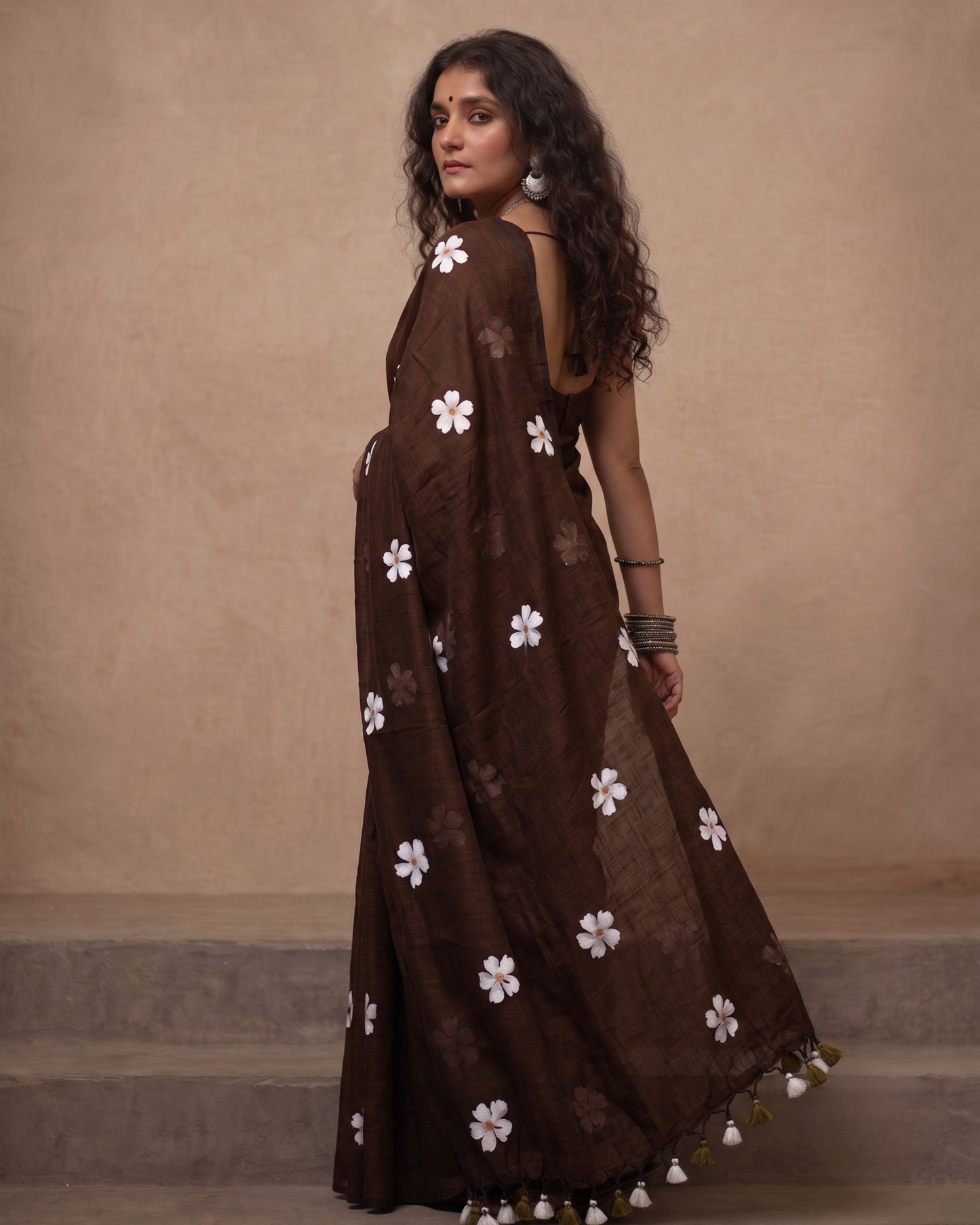 Chocolate Brown Shiuli Mul Cotton Saree