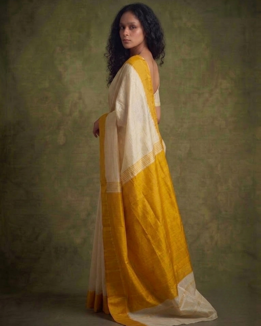 Yellow and White Gorod Silk Saree