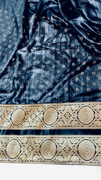 Pure Black Ghicha Silk Saree