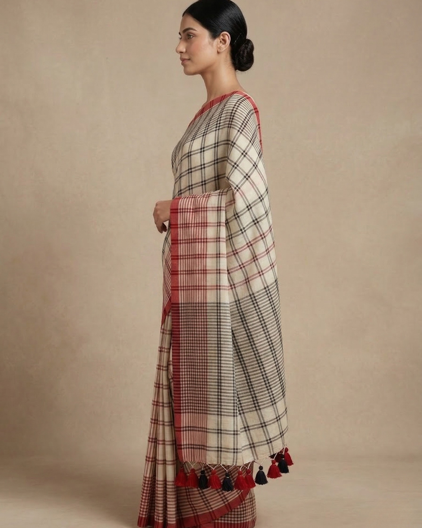Black & red checkered mul cotton saree