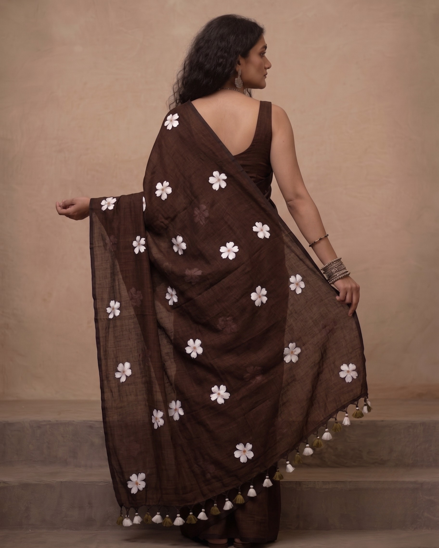 Chocolate Brown Shiuli Mul Cotton Saree