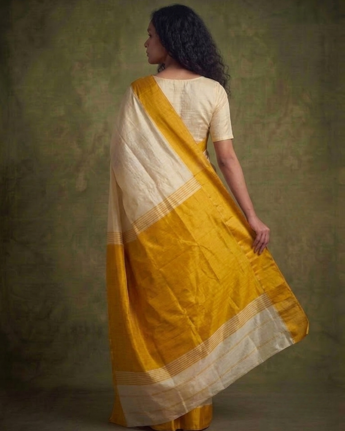 Yellow border offwhite Gorod Silk Saree