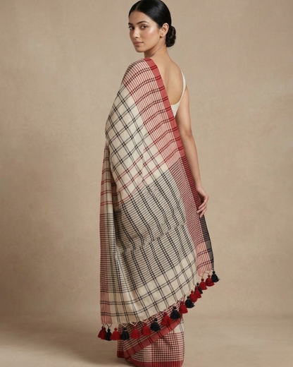 Black & red checkered mul cotton saree