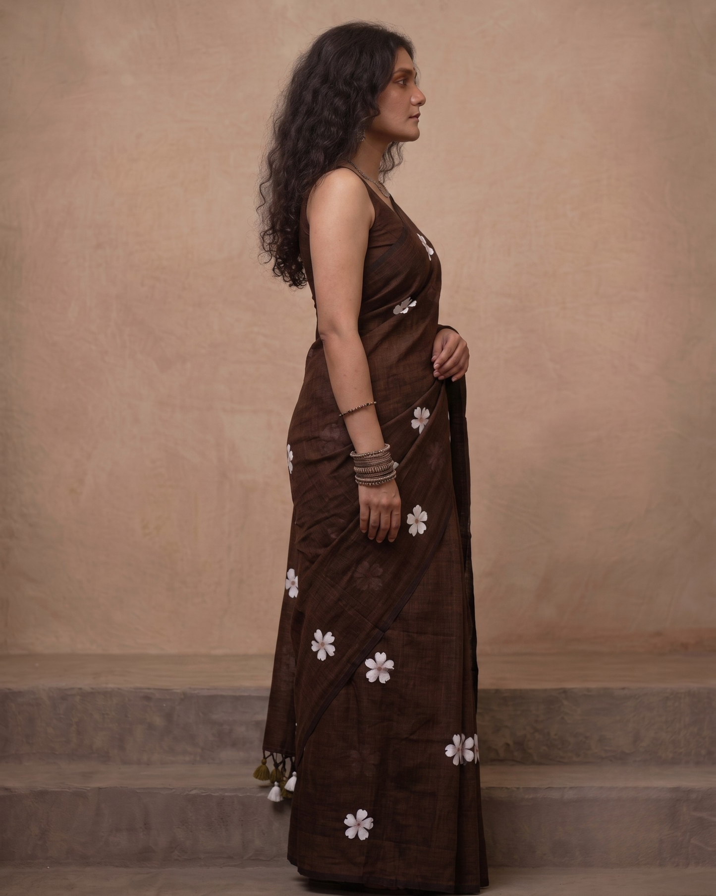 Chocolate Brown Shiuli Mul Cotton Saree